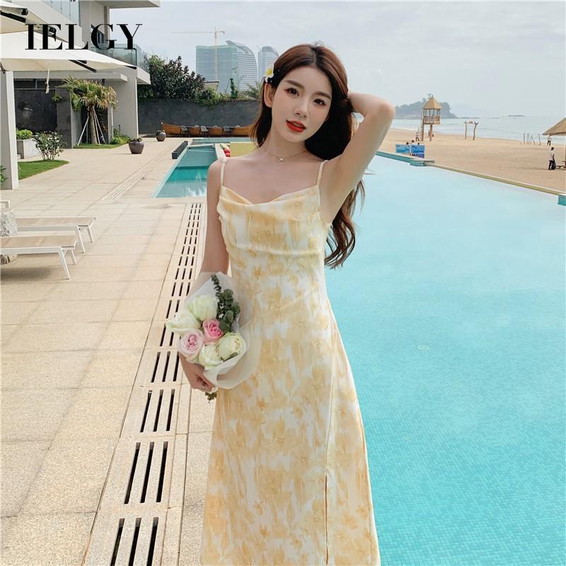 Đầm dài IELGY không tay xẻ tà in họa tiết hoa thời trang mùa hè dành cho nữ