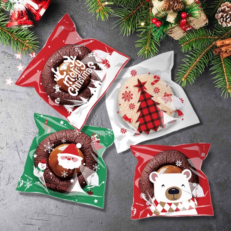 Set 10, 20, 50 túi đựng bánh cookie, quà tặng ông già Noel đỏ Xmas 10 x 10 cm