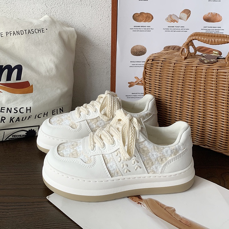 Giày nữ Ulzzang đế độn họa tiết caro đế bánh mì dây bản to Hottrend CR02