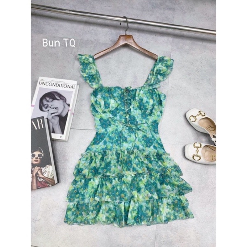 Đầm 2 Dây Cánh Tiên Babydoll Kẻ Caro Hồng 2 Tầng Bèo Vai Đính Hoa Nổi Freesize