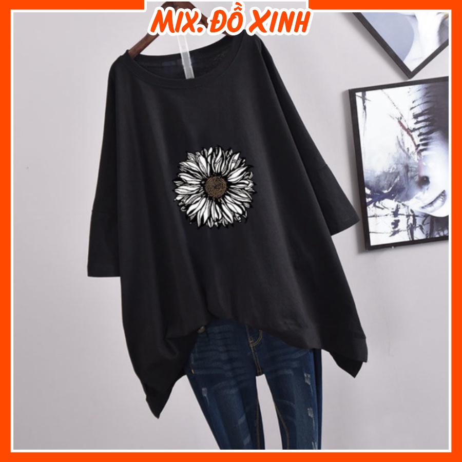 Áo phông unisex freesize form rộng tay lỡ Thu Hà chất liệu thun Cotton in hình Hoa Hướng Dương