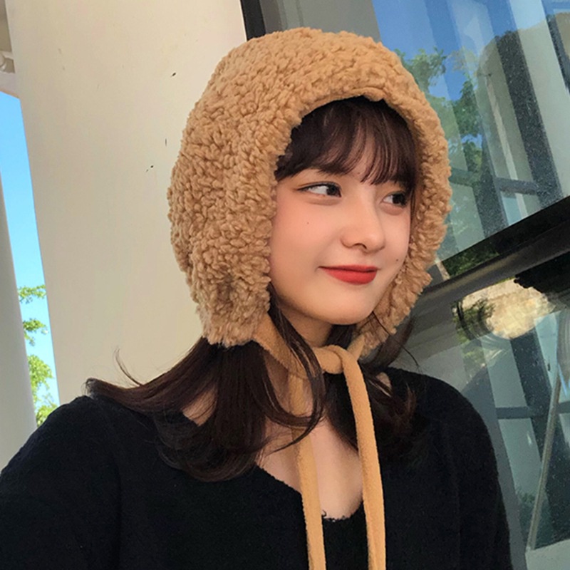 Mũ beanie lông cừu màu trơn chống gió có tai giữ ấm mùa đông cho nữ