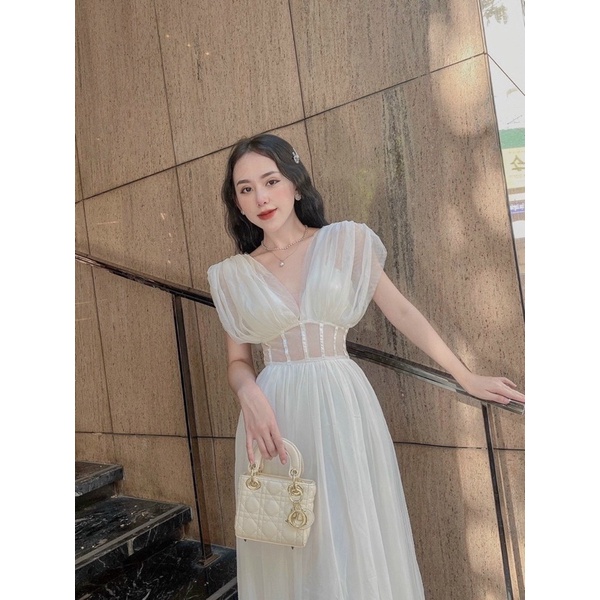 Maxi lưới lót phi hở xẻ ngực sexy quyến rũ gợi cảm quý phái - đầm váy xoè dài dự tiệc sự kiện cao cấp có hình thật