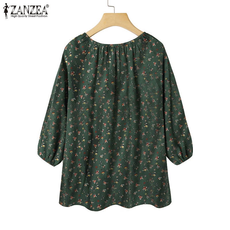 Áo kiểu ZANZEA tay lỡ 3/4 cổ thắt nơ phong cách vintage thời trang cho nữ