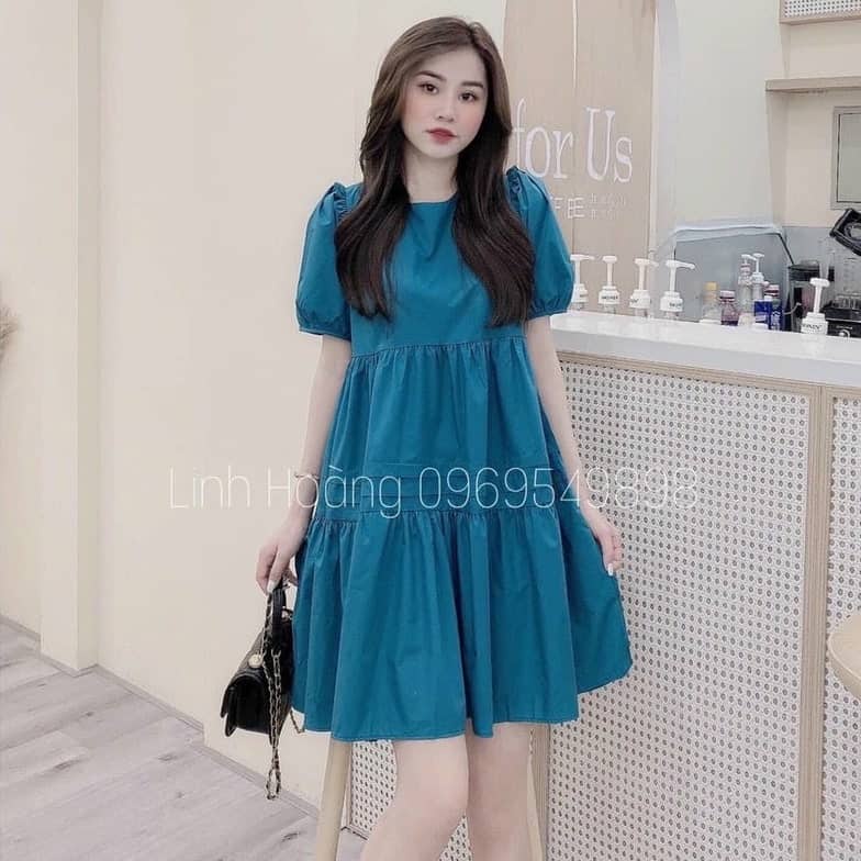Váy Bầu Babydoll Mùa Hè Công Sở Màu Xanh Đầm Bầu Xinh Thiết Kế Đẹp Dáng Rộng Mặc Đi Làm