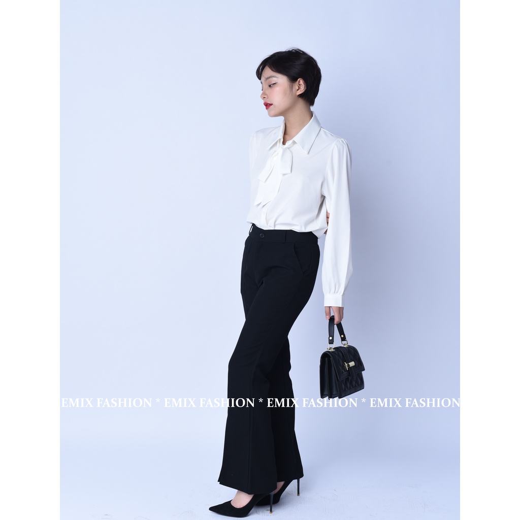 Quần tây nữ ống loe xẻ trước EMIX (màu đen), basic trousers, dáng dài, cạp thấp, ống ôm và loe, chất tuytxi đẹp 20266