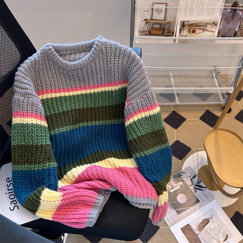Áo sweater Dệt Kim Dáng Rộng Kẻ Sọc Cầu Vồng Nhiều Màu Sắc Dễ Thương