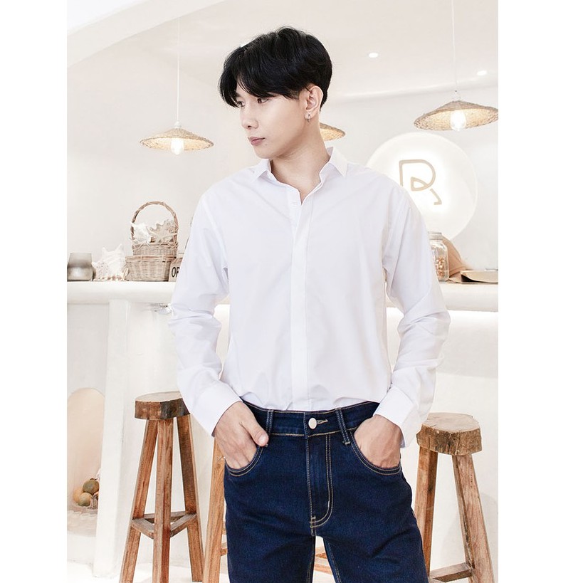 Áo Sơ Mi Nam Form Rộng Tay Dài Trắng Đen Đơn Giản Y2010 M01 19743