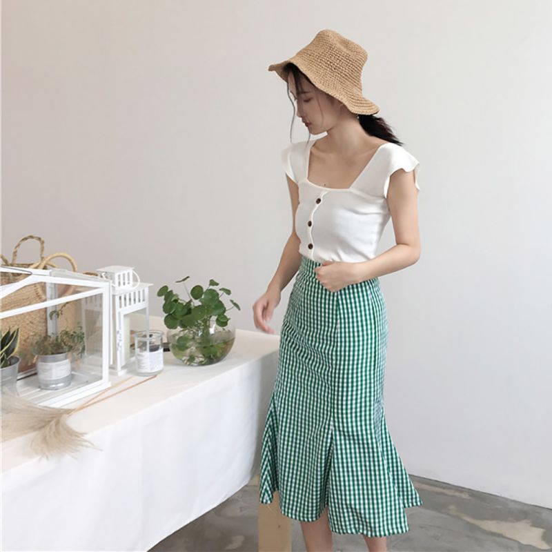 Áo kiểu cổ vuông màu trơn trang trí nút điệu đà cho nữ