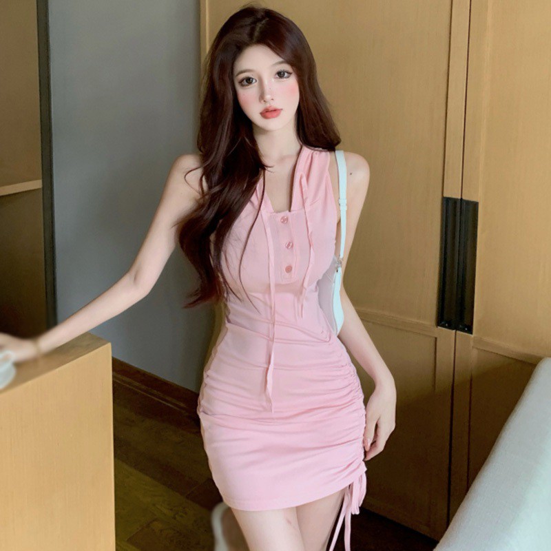 Đầm Thể Thao Sát Nách Dáng Ôm Có Mũ Trùm Đầu Màu Trơn Phong Cách Hàn Quốc Cho Nữ