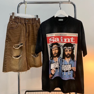 Áo phông denim wash SAINT chính hãng cao cấp form rộng unisex nam nữ
