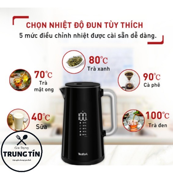 Ấm siêu tốc Tefal Smart & Light KO850810 1.7L Màn hình hiển thị kỹ thuật số, có đèn báo nhiệt độ khi đun