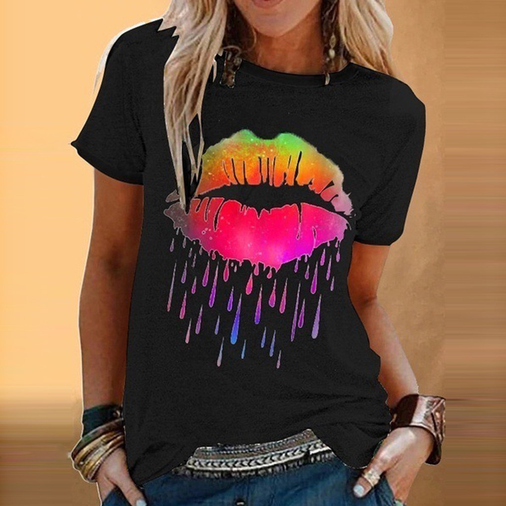 Áo thun tay ngắn cổ tròn in hình đôi môi nhiều màu sắc thời trang mùa hè 2020 cho nữ Size S-5xl