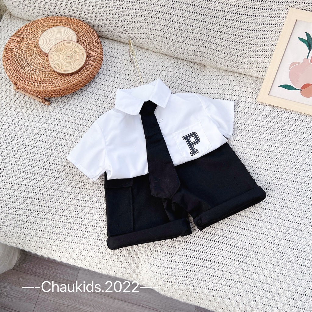 SALE SET SƠ MI CÔNG TỬ KÈM CÀ VẠT THỜI TRANG CHO BÉ TRAI SIZE 9-19KG