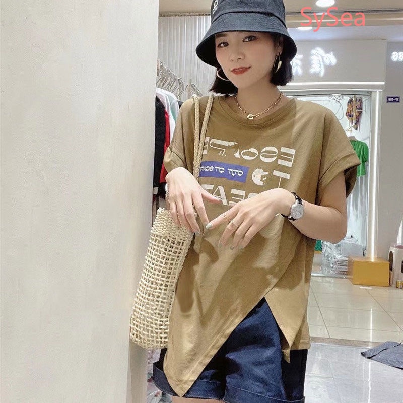 Áo Thun Tay Ngắn In Chữ Thiết Kế Bất Đối Xứng Phong Cách Hàn Quốc Trẻ Trung Cho Nữ