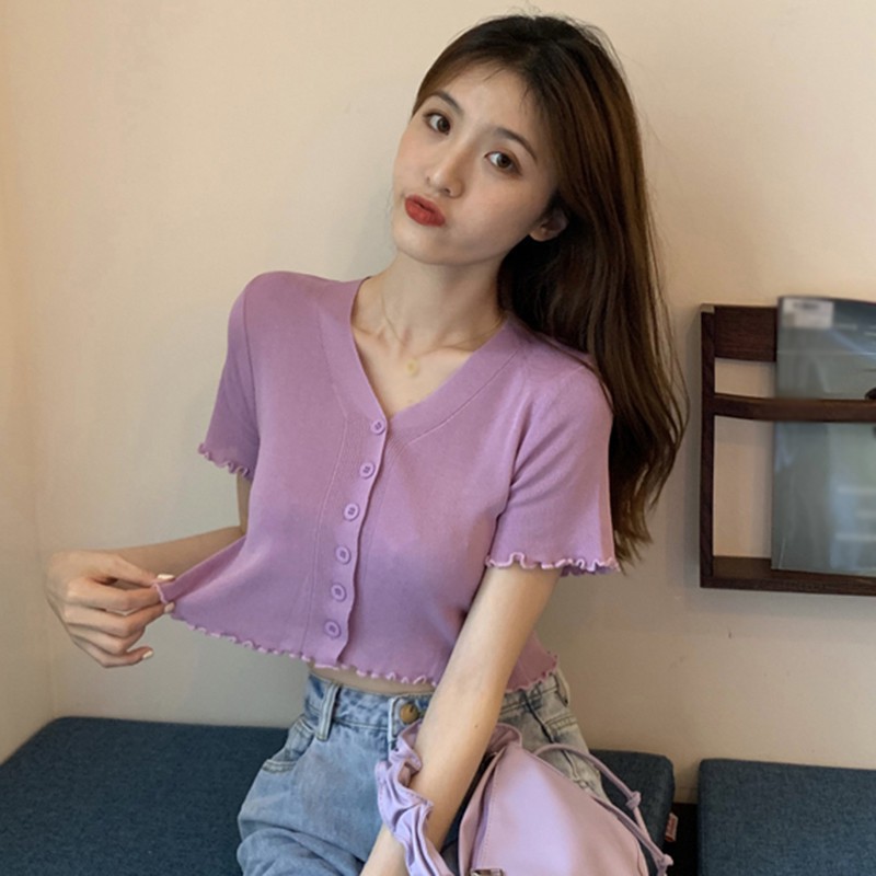 Áo dệt kim tay ngắn cổ V thời trang mùa hè
