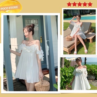 Đầm bèo nữ 2 dây dập ly 🌸 đầm trễ vai nữ trắng 2s dáng xòe