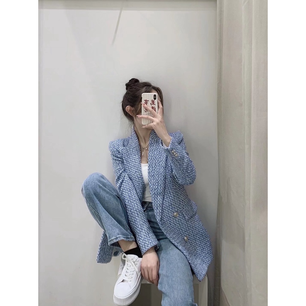 Áo vest Zara dạ tweed xanh nhẹ V22HKG98N10