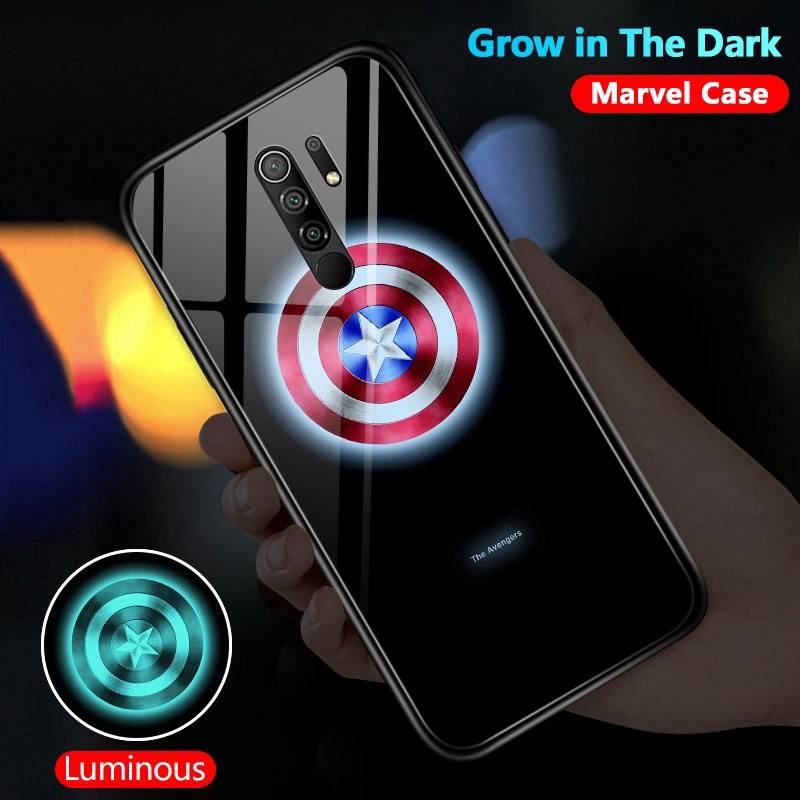 Ốp điện thoại kính cường lực dạ quang họa tiết Avengers Marvel cho XIAOMI REDMI 9 9A 9C 9T