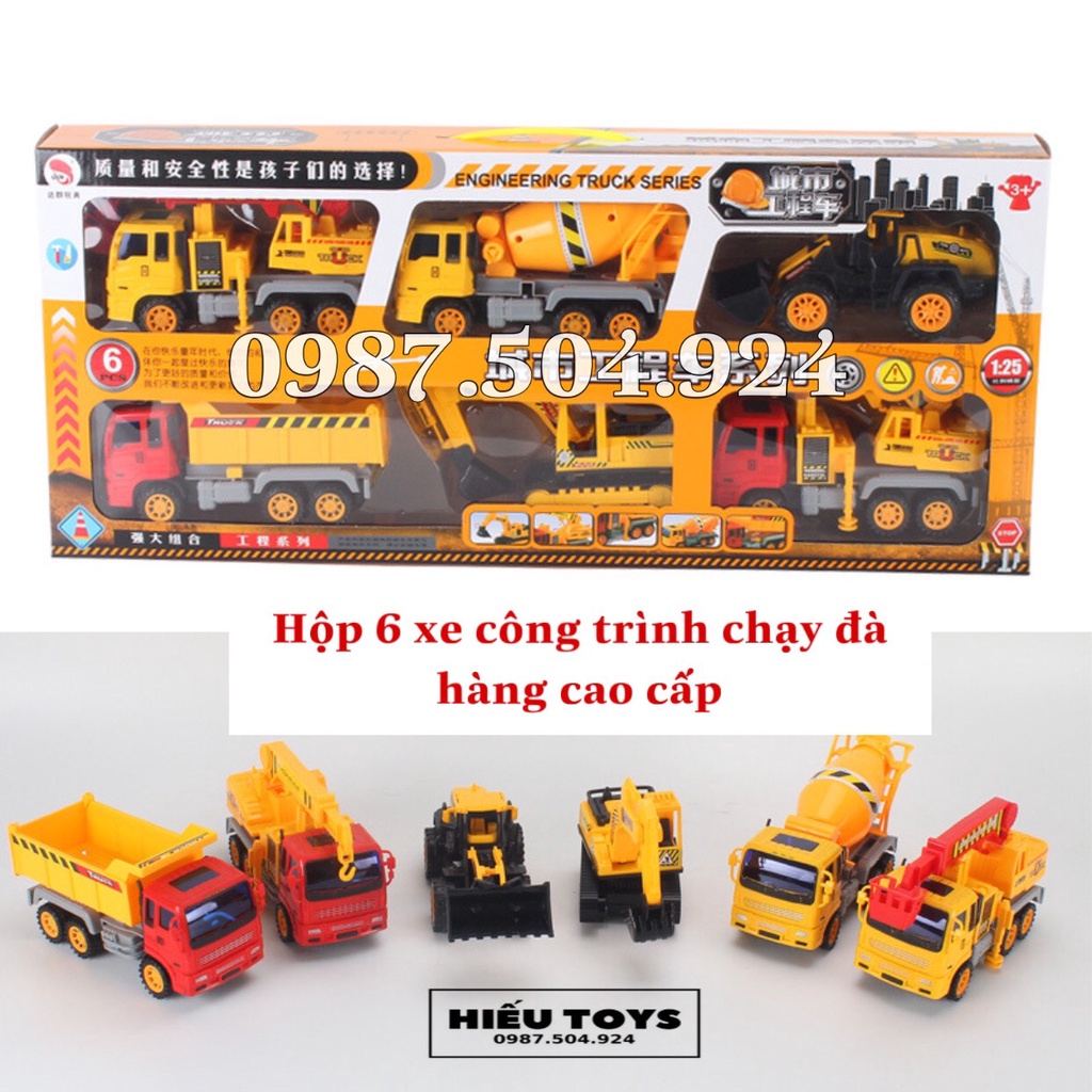 Đồ Chơi Ô Tô  Hộp 6 Xe Tải,Xe Công Trình Xây Dựng   Máy Xúc,Máy Cẩu,Xe trộn Chạy Đà Cỡ Lớn Cho Bé Từ 2 Đến 10 Tuổi