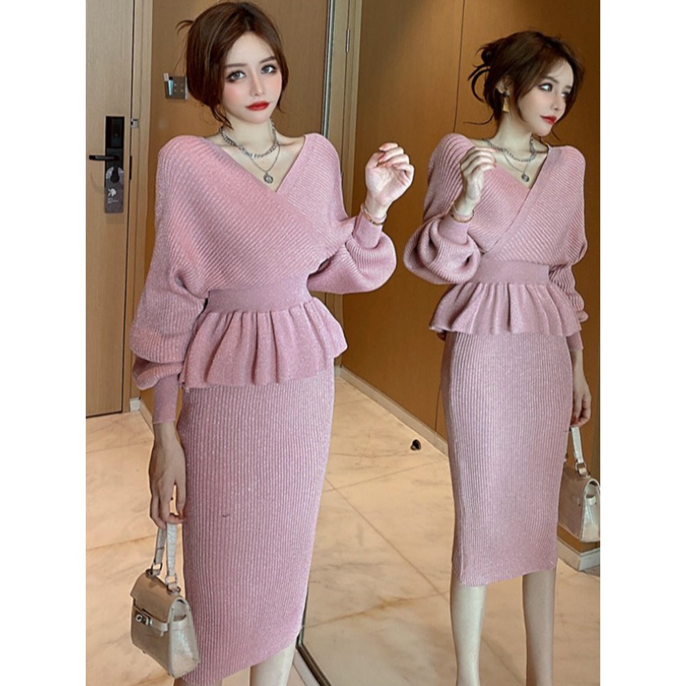 🌸Hàng Order🌸 Sét Váy Len Body Cổ V Ôm Eo Sexy Sang Chảnh🌸Hàng Quảng Châu Giá Sốc