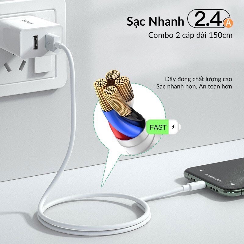 ✅Combo 2 Sợi Cáp Sạc iPhone Baseus Simple Wisdom Data Cable Kit, USB to Lightning, Sạc Nhanh 2.4A, Dây Cáp Dài 1.5M