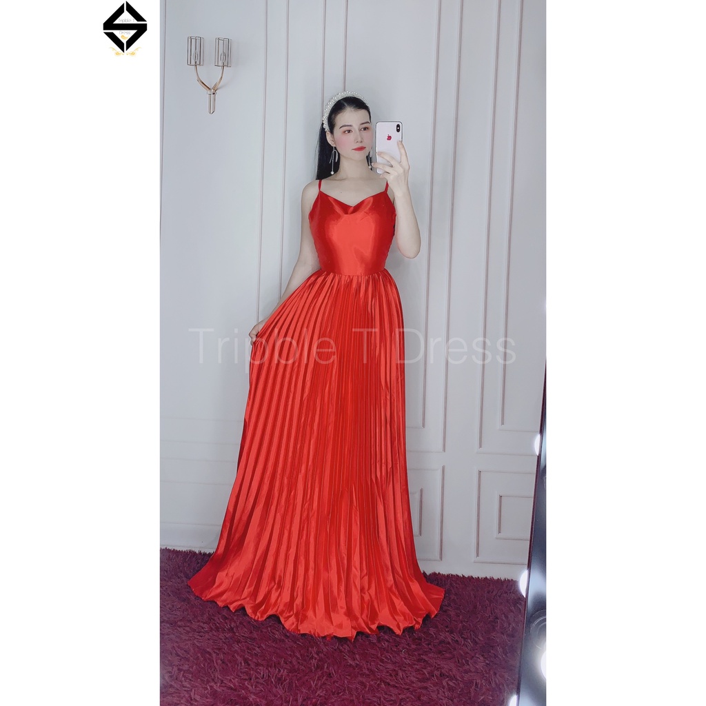 Đầm dự tiệc 2 dây cổ đổ tùng xếp ly TRIPBLE T DRESS - size M/L - MS87V