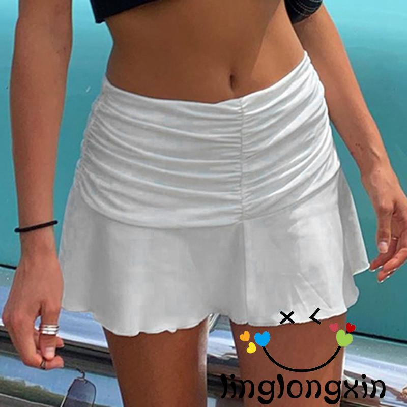 Chân váy ngắn xếp ly màu trơn lưng thun co giãn màu trắng/đen/cam cho nữ