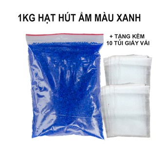 Gói 1kg hạt hút ẩm silica gel màu xanh tặng kèm 10 túi giấy vải đựng hạt