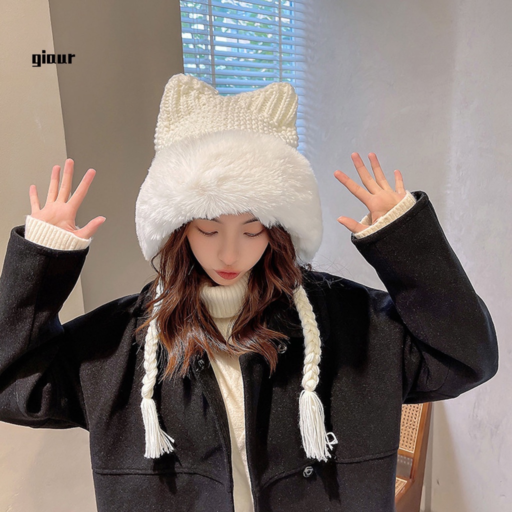 Mũ beanie dệt kim co giãn phối tai mèo dễ thương thời trang thu đông tùy chọn màu sắc