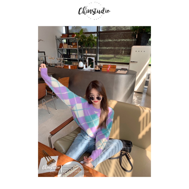 Áo len ngắn dáng rộng tay dài phong cách retro thời trang Hàn Quốc