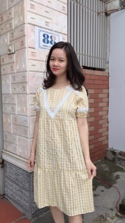 Váy bầu pha ren kẻ caro trẻ trung