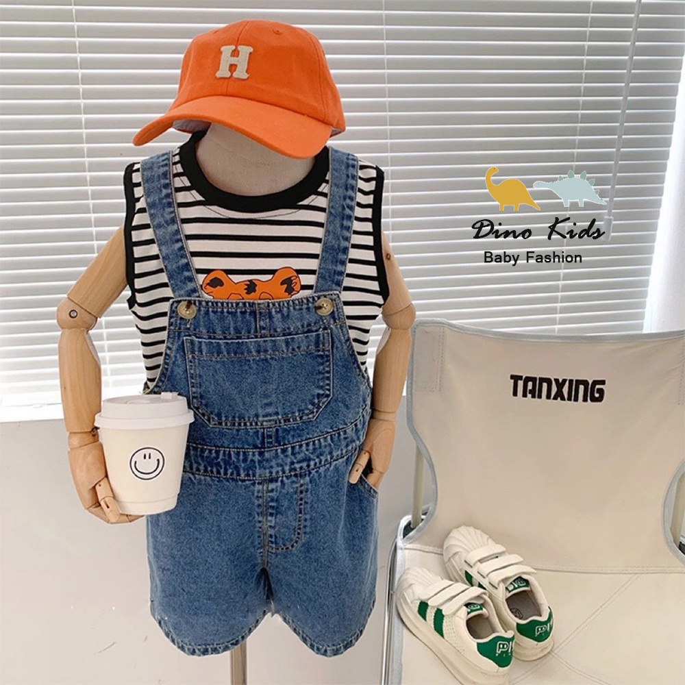 Sét yếm jeans kèm áo ba lỗ bé trai, bé gái, set yếm jean kèm áo phông kẻ họa tiết chú mèo dễ thương cho bé