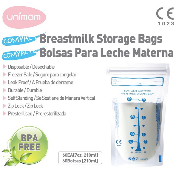 Túi đựng sữa mẹ (trữ sữa mẹ) Unimom Compact không có BPA 210ml (60 túi/hộp)