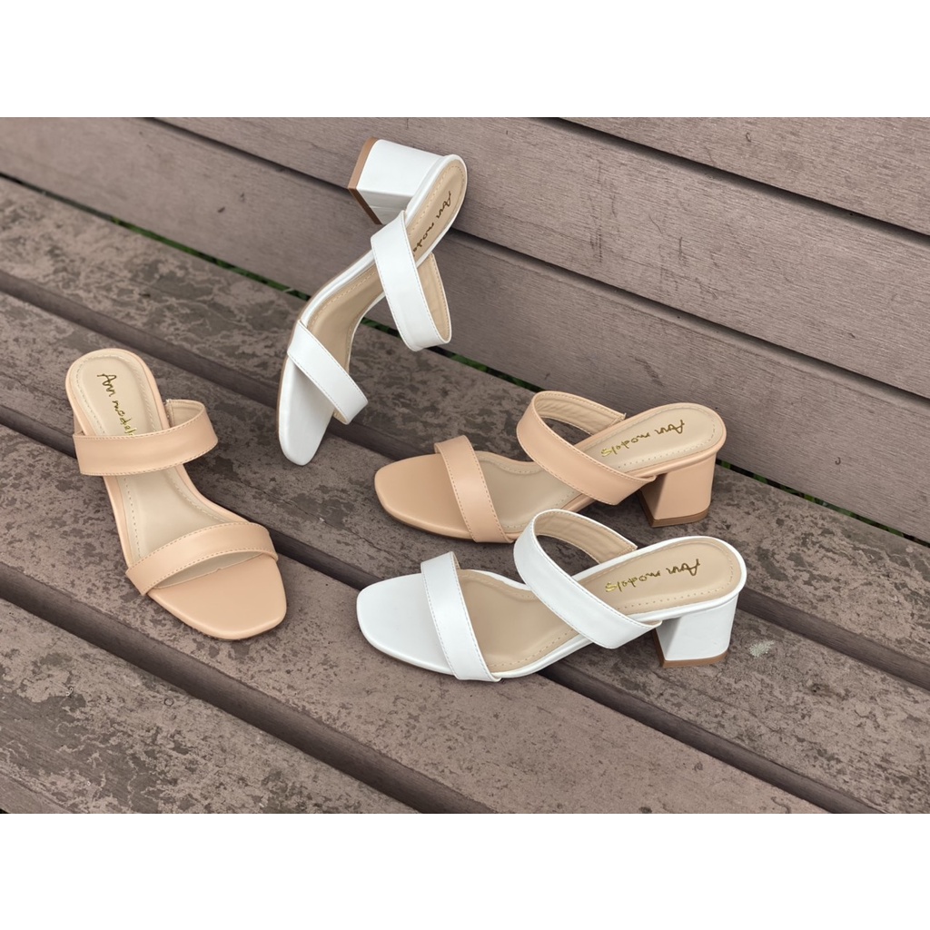 Guốc cao gót nữ đế vuông dáng dép sandal cao 5p quai ngang mũi vuông Annmodels cao cấp _AG10