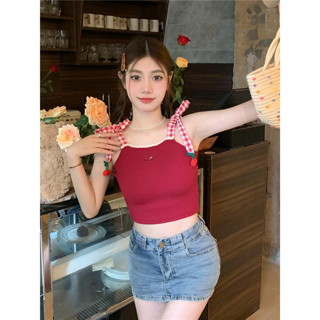 Lalisas Áo Croptop Hai Dây Viền Ren Thêu Họa Tiết Gia Vị Ngọt Ngào Quyến Rũ Cho Nữ