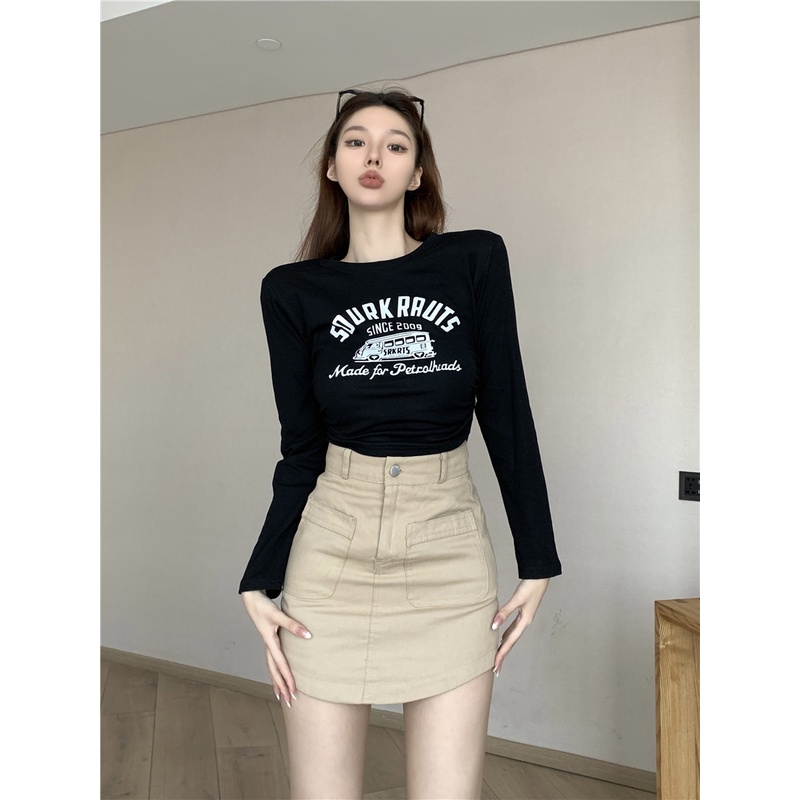 Áo Thun Tay Dài Dáng Ôm In Họa Tiết Kiểu retro Phối Dây Rút Phong Cách Hàn Quốc Thời Trang Cho Nữ