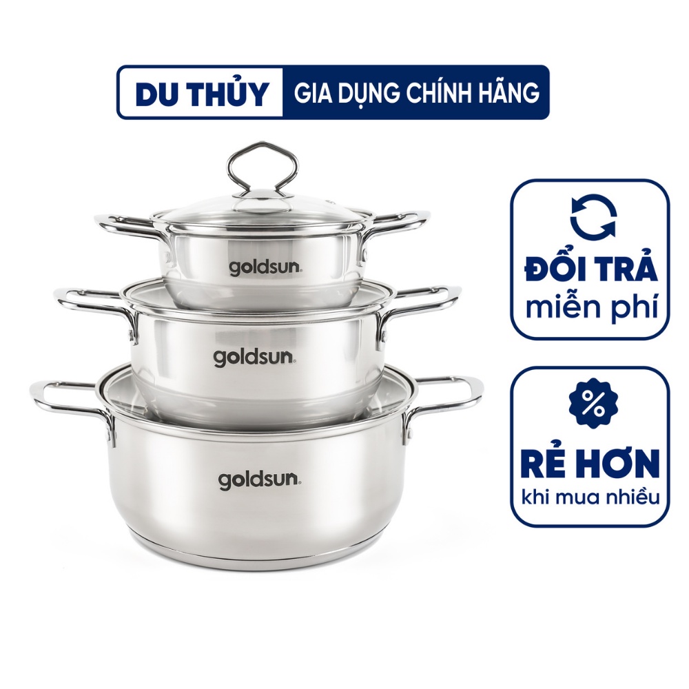 Bộ nồi inox 5 đáy nắp kính Goldsun cao cấp hàng chính hãng, inox sáng bóng, vung kính trong suốt chịu nhiệt