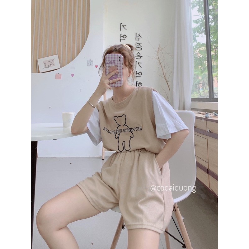 [RẺ VÔ ĐỊCH]Set Áo Phối Gấu Hey Unisex Siêu Xinh Set Cộc Thun Mát(kèm video và ảnh thật)