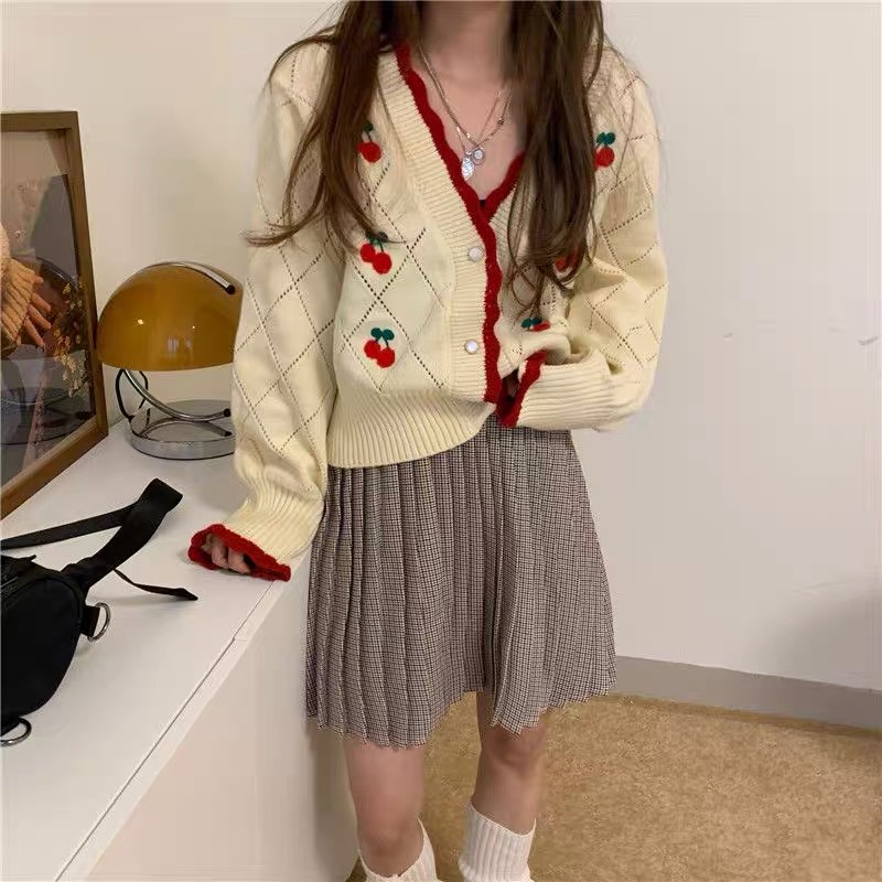 Áo khoác cardigan dệt kim phối ren thêu hình quả anh đào phong cách Hàn Quốc dễ thương