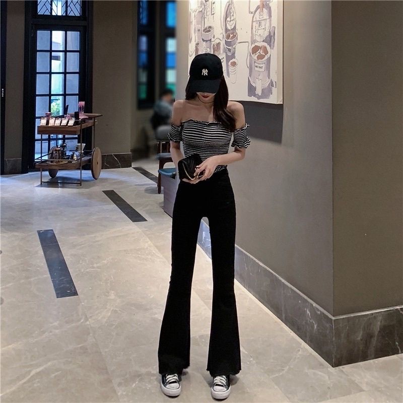 Quần Jean ống loe cạp cao chất vải co dãn 4 chiều cực tôn dáng quần màu đen trơn đủ size