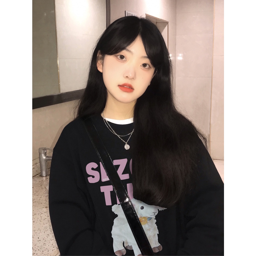 Áo hoodie SELVZE tay dài dáng rộng không có nón in họa tiết phong cách Mỹ cho nữ