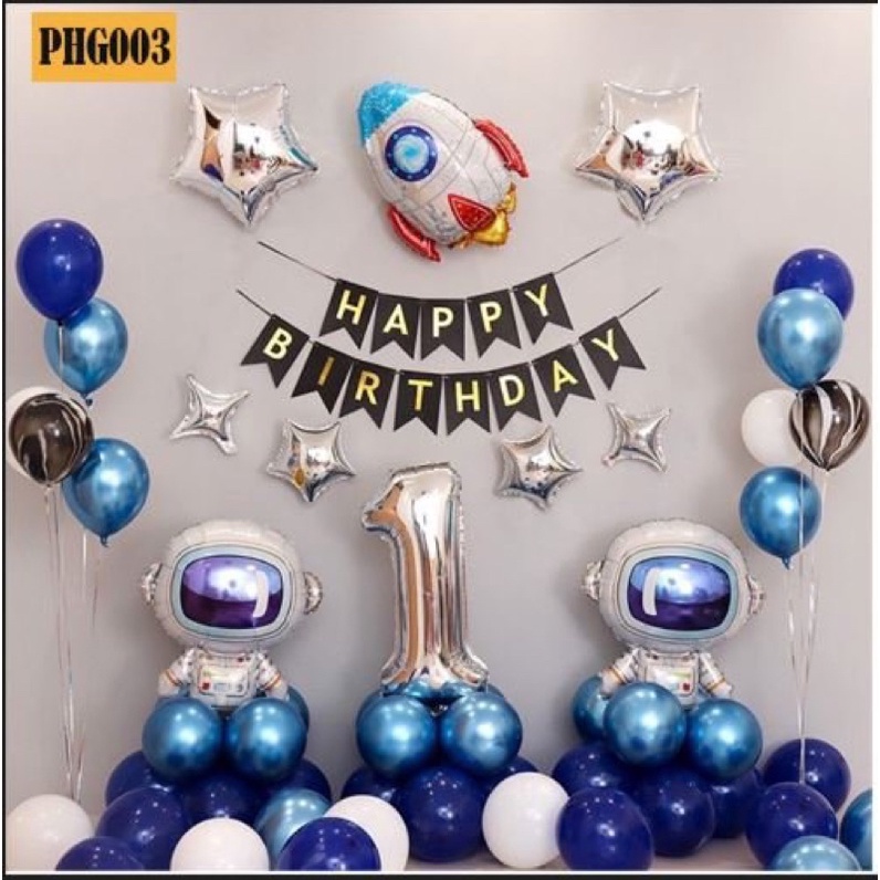 Set bóng xanh phi hành gia - vương miện - phụ kiện trang trí sinh nhật cho bé trai