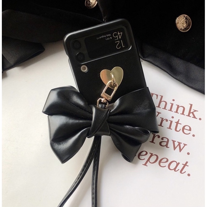 Ốp Lưng Samsung Galaxy Z FLIP 3 Nơ Đen To Kèm Dây Xỏ Tay Xinh Xắn - BUM STORE GALAXY CASE