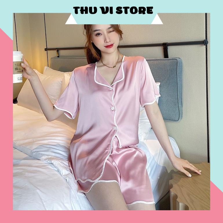 Đồ Bộ Nữ, Bộ Pijama Lụa Áo Nữ Cổ Lật Quần Cọc Viền Gợn Sóng Chất Lụa Satin 3 Màu Hồng, Đen, Trắng Form Dáng Rộng Dưới 60