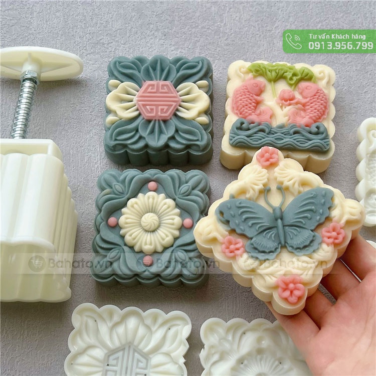 Khuôn trung thu 4 mặt vuông bươm bướm, đôi cá chép 150g | 200g