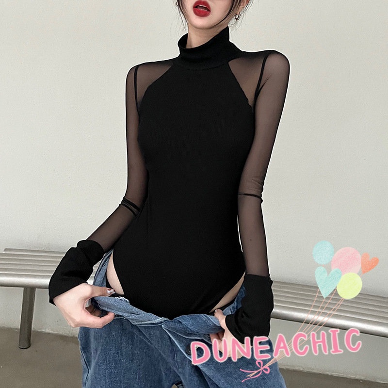 DUNEA Áo Liền Thân Dài Tay Cổ Cao Ôm Dáng Gợi Cảm Dành Cho Nữ