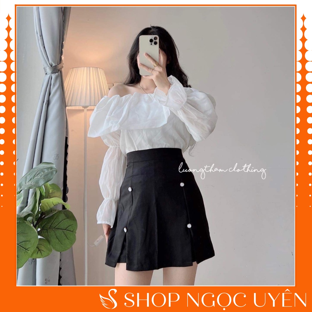 Áo sơ mi trễ vai 2 lớp tây bèo bó tạo dáng tay thon - Áo kiểu trễ vai tay dài phong cách Hàn Quốc thời trang cho nữ