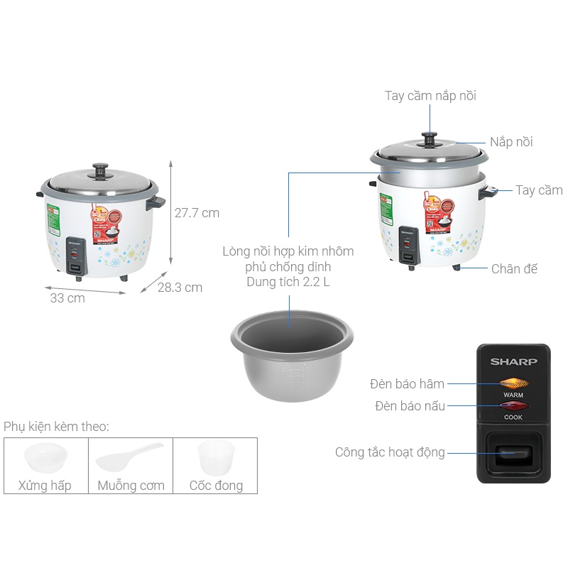 [Chính Hãng] Nồi cơm nắp rời cao cấp Sharp KSH-228SNV-SF, lỗi 1 đổi 1, bảo hành 12 tháng toàn quốc