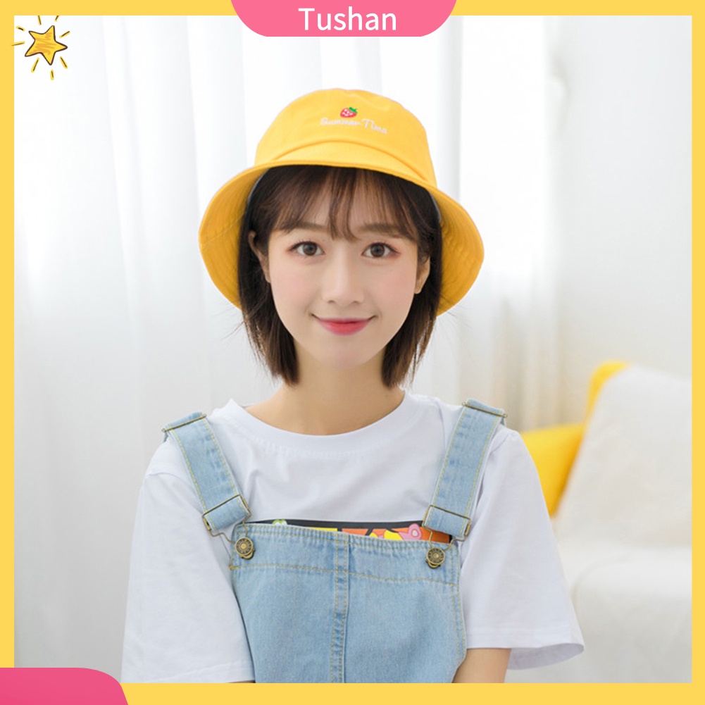 Mũ vành nhỏ vải cotton thoáng mát thêu chữ và hình quả dâu thời trang